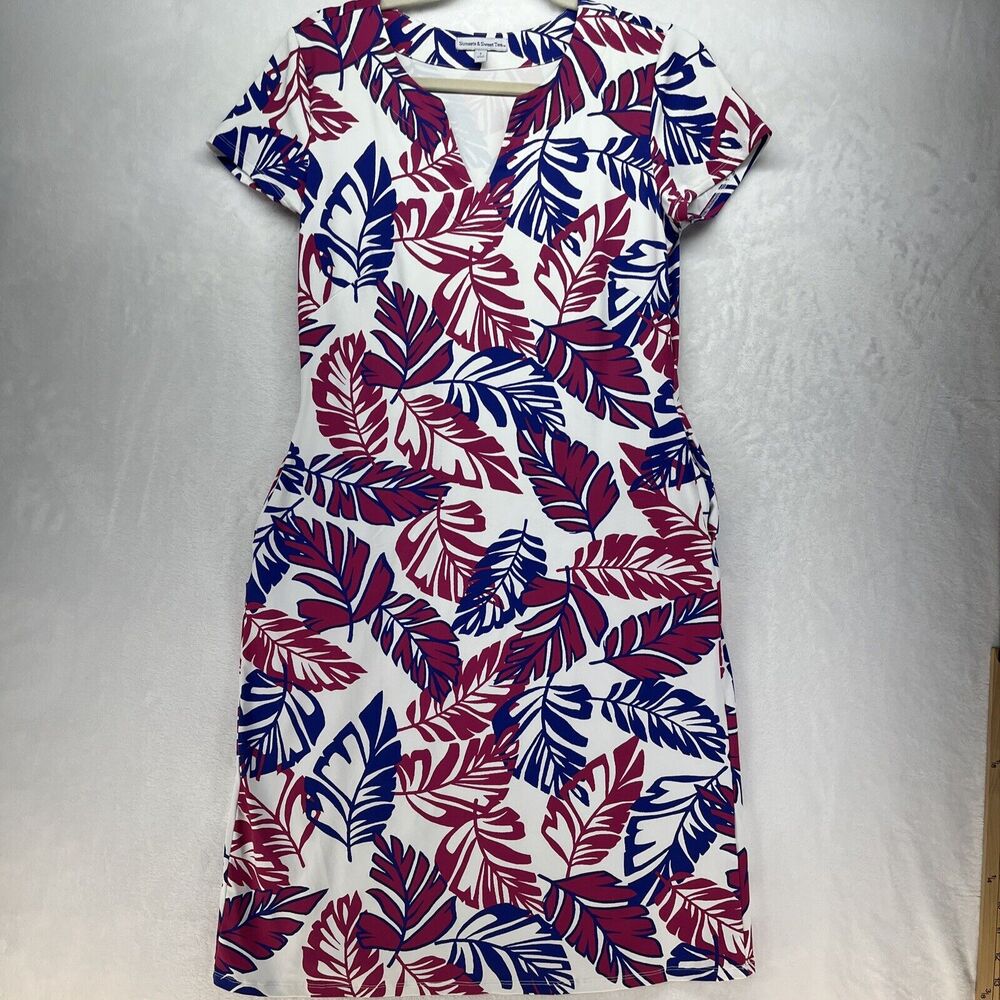 Sunsets‎ & Sweet Tea Stretch Jersey Casual Midi Dress Women’s Sz Small Palm Leaf